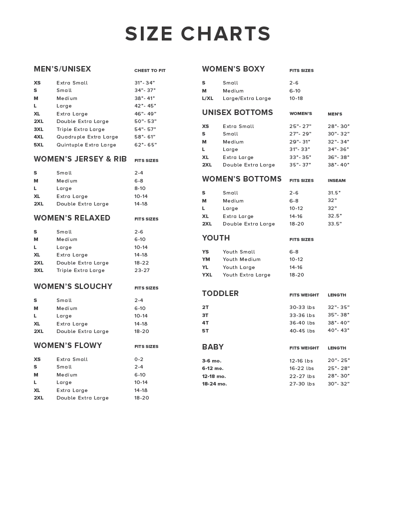 Bella+Canvas Sizing Chart
