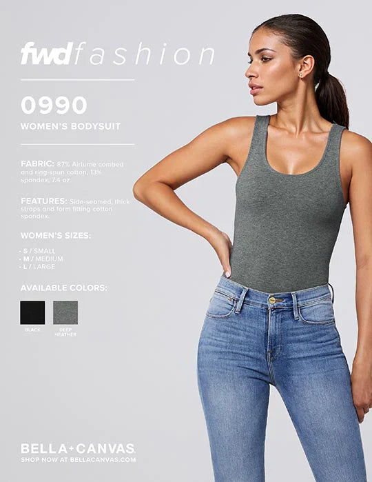Women's Bodysuit 0990 gray cotton spandex form fitting with thick straps and semi-low back paired with high-waisted jeans