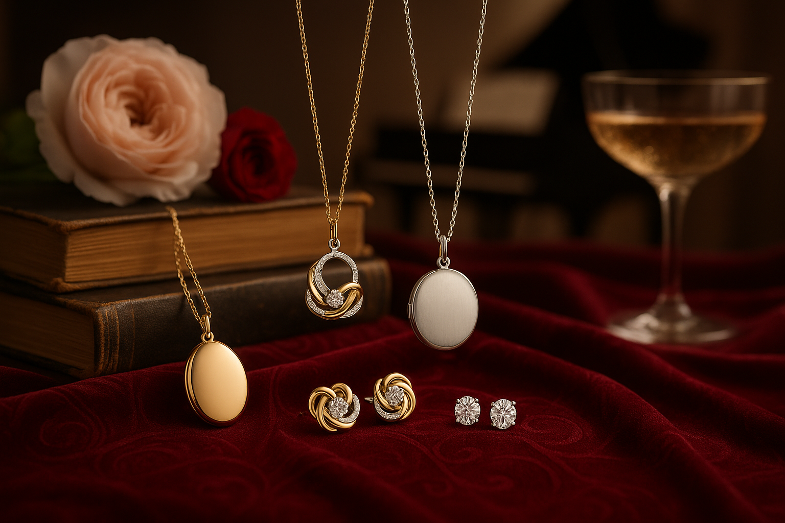 1 gold locket necklace 1 white gold circle locket necklace 1 gold and white gold love knot necklace with a created diamond pair of gold and white gold love knot earrings with created diamond 1 pair of created diamond earrings set about a few books and a couple flowers for a photography shoot to show off the jewelry on red velvet a piano off in the distance a champagne glass set off in the near distance the photo needs to be able to be blown up into a banner