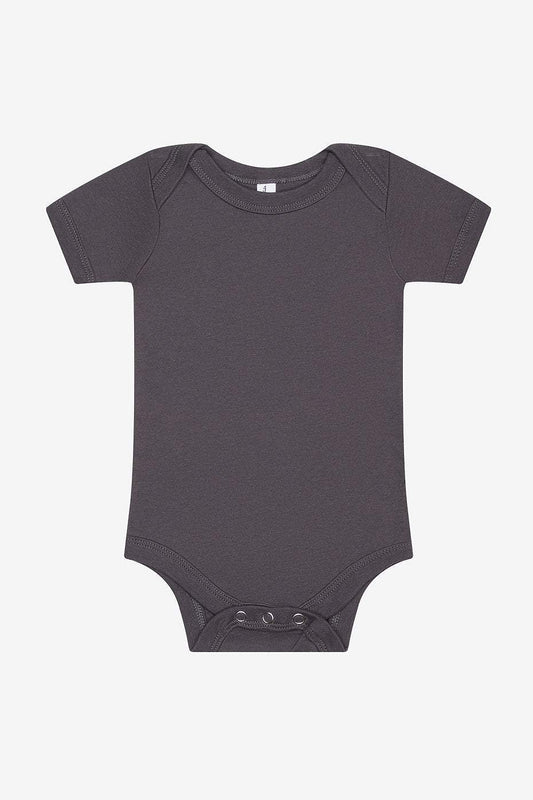 Infant jersey short sleeve one piece bodysuit in dark gray with envelope neckline and snap leg closure