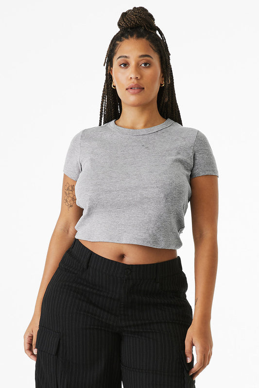 Woman wearing grey Women's Micro Rib Baby Tee with crewneck and mid-length cut