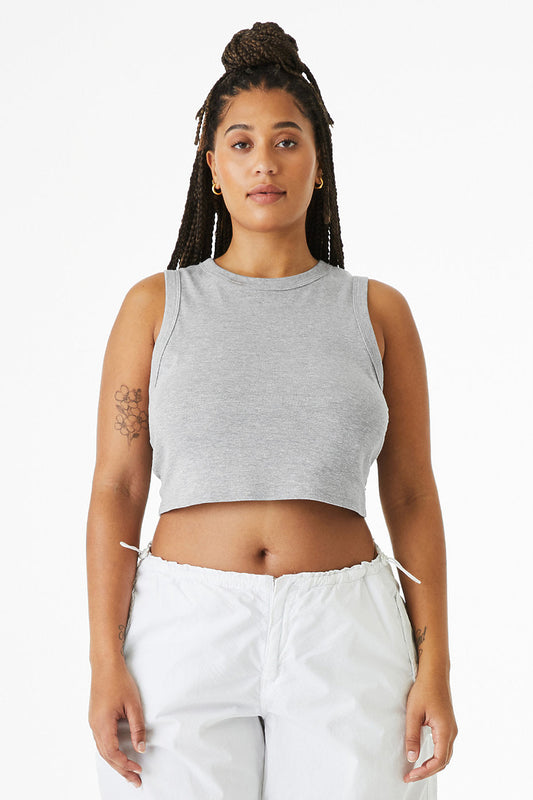 Woman wearing grey Women's Micro Rib Muscle cropped tank top with deep armholes and high neckline