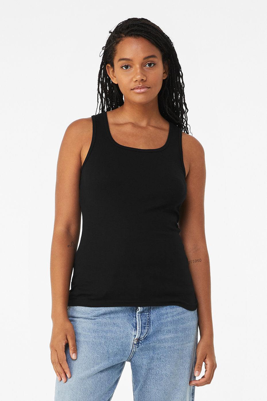 Women wearing black slim fit Women's Baby Rib Tank with 1x1 rib and longer body length