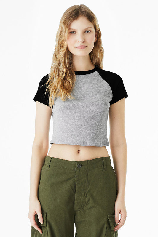 Women's Micro Rib Raglan Baby Tee in grey and black with cap sleeves and fitted silhouette