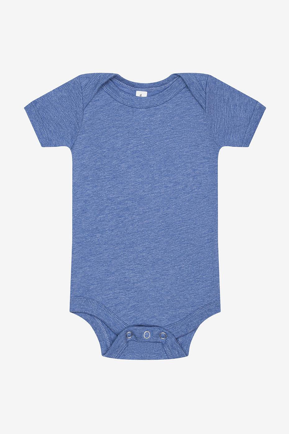 Infant Triblend short sleeve one piece baby onesie in blue with envelope neckline and snap leg closure