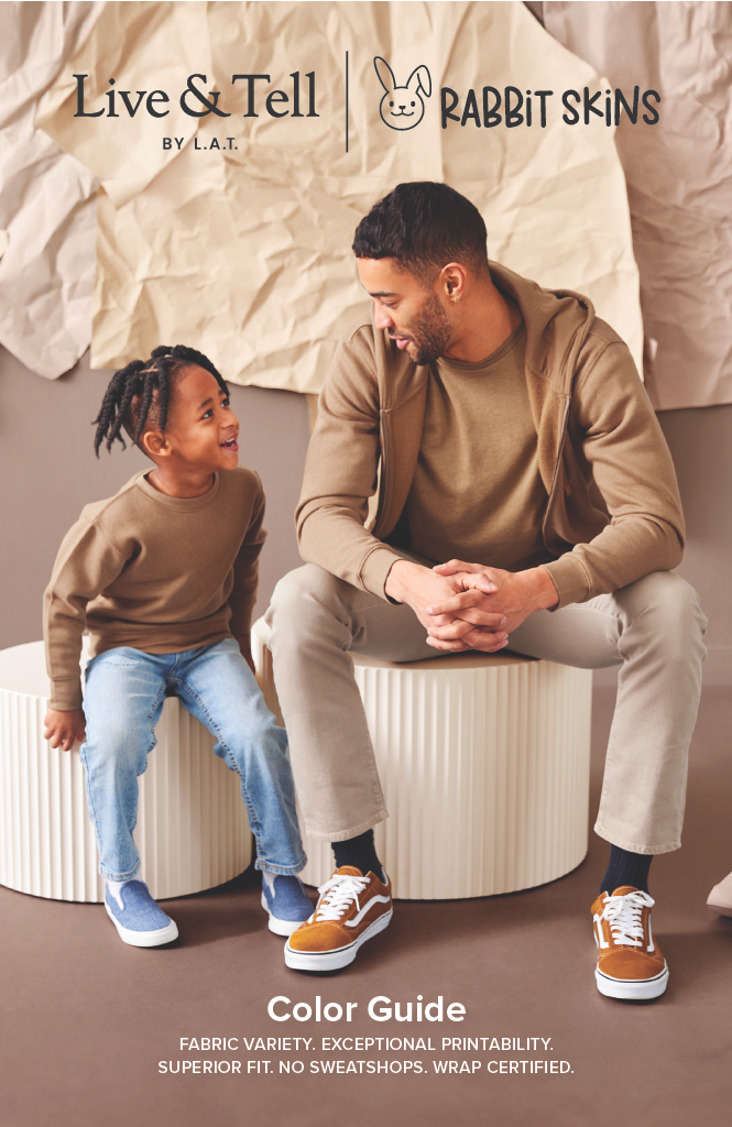 LIVE AND TELL (LAT) COLOR CARD showing cozy casual outfits for men and kids with fabric and print quality highlights