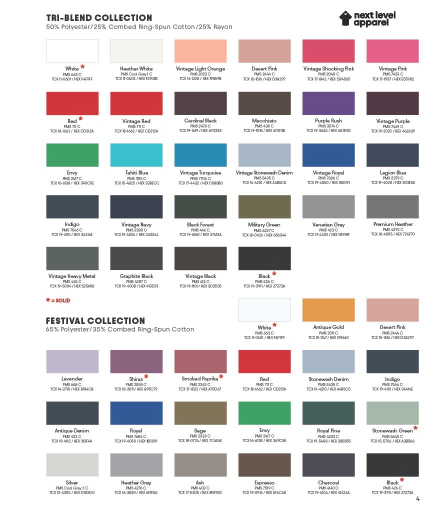 NEXT LEVEL APPAREL COLOR CARD
