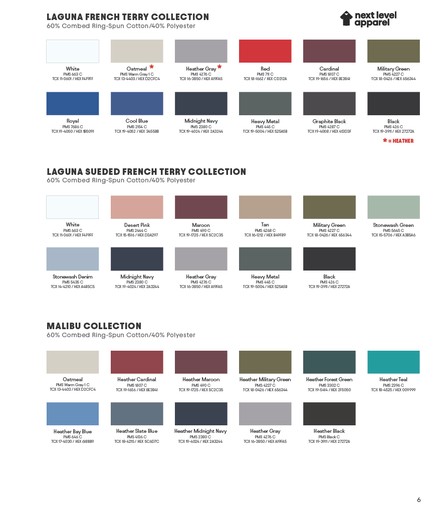 NEXT LEVEL APPAREL COLOR CARD
