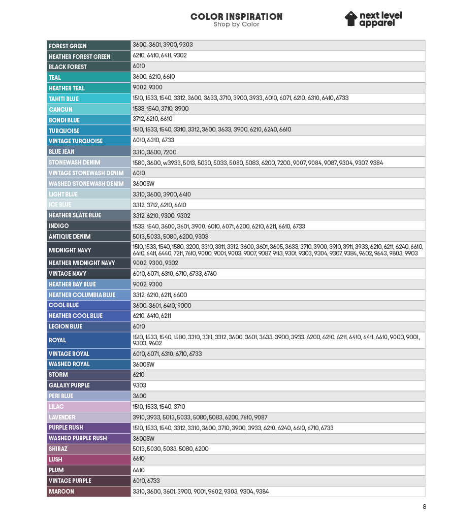NEXT LEVEL APPAREL COLOR CARD