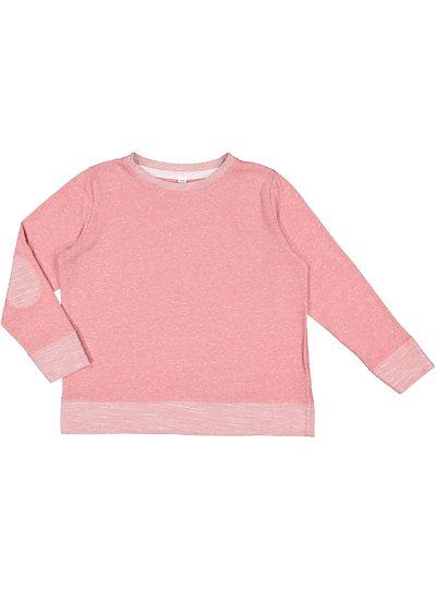 Youth French Terry LS Crew in pink with textured loop collar and elbow patches, lightweight and soft fabric for year-round wear