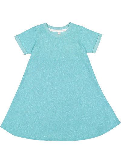 Youth girls melange French terry dress in light blue with rolled sleeves and textured collar