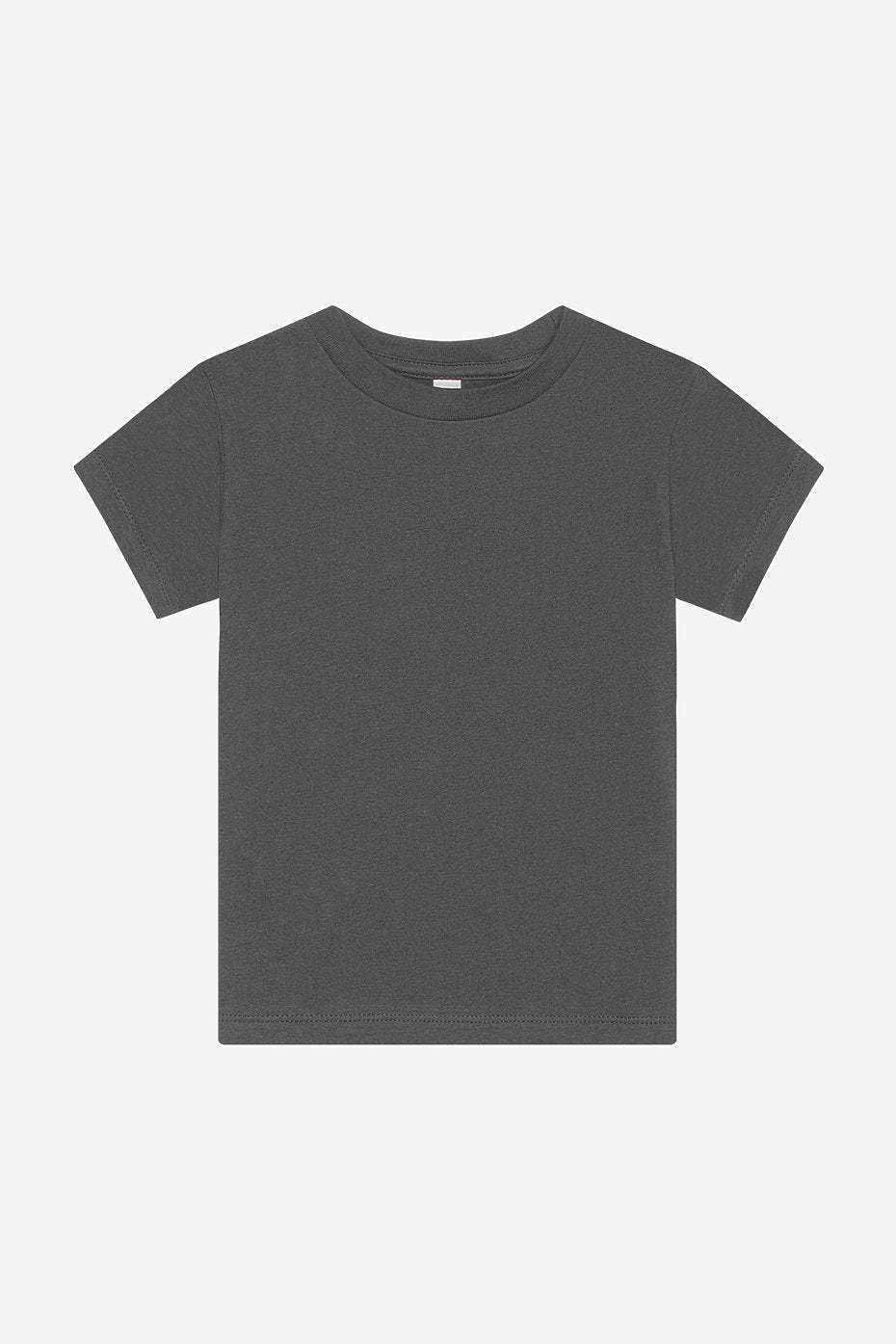 Toddler short sleeve tee in dark heather gray with crew neck made of soft Airlume combed cotton