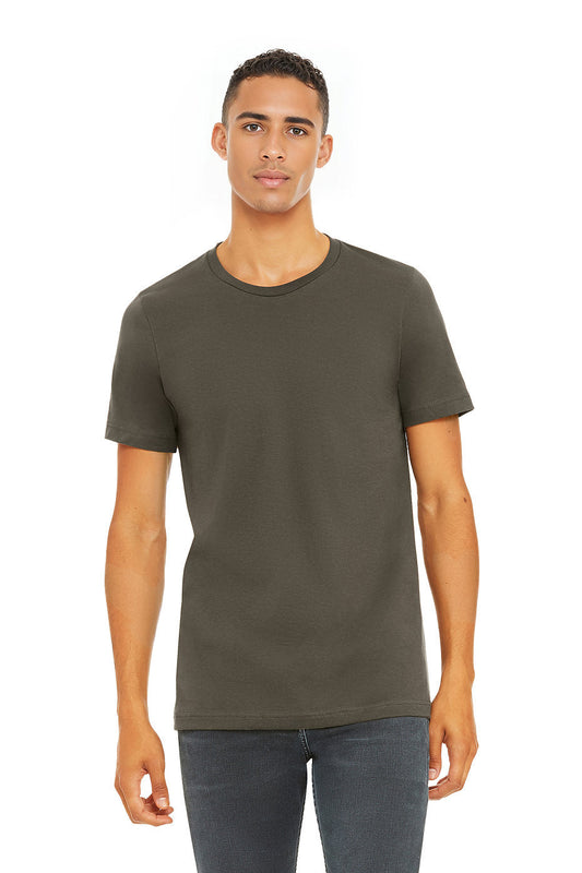 Unisex Jersey Short Sleeve Tee in olive green, crew neck, tailored fit, soft combed cotton material