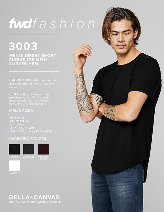 Men wearing black Men's Jersey Short Sleeve Tee with curved hem and casual jeans standing against gray background