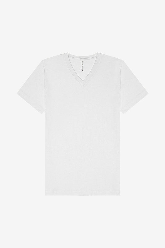 Unisex Jersey Short Sleeve V-Neck Tee in white, combed cotton, retail fit, Bella+Canvas 3005