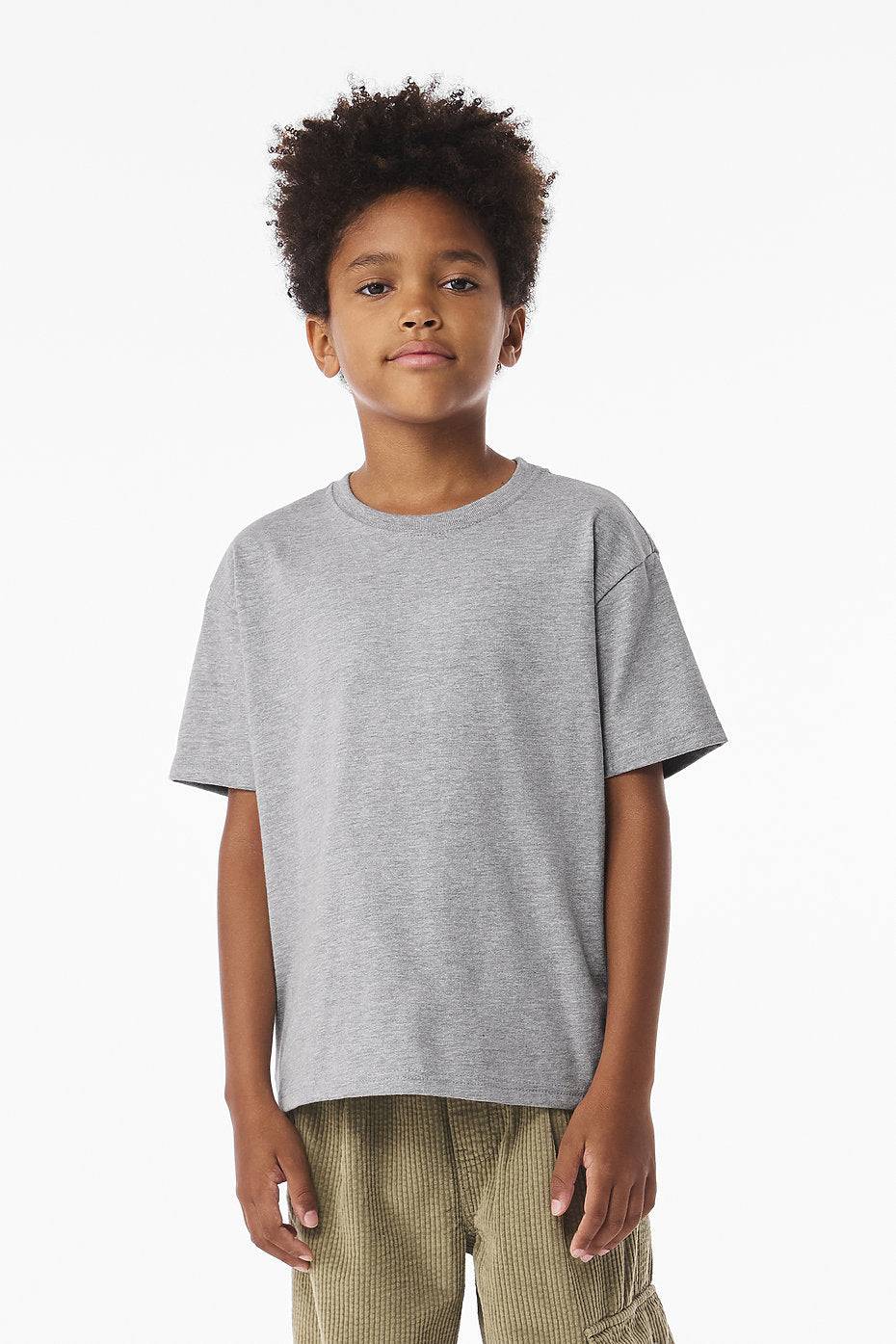 Youth heavyweight tee Bella+Canvas 3010Y in grey worn by child model with boxy fit and semi-drop shoulders