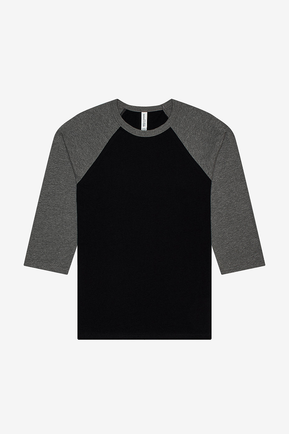 Unisex 3/4 sleeve baseball tee with black body and dark gray raglan sleeves, crew neck with contrast trim, cotton-poly blend, modern fit