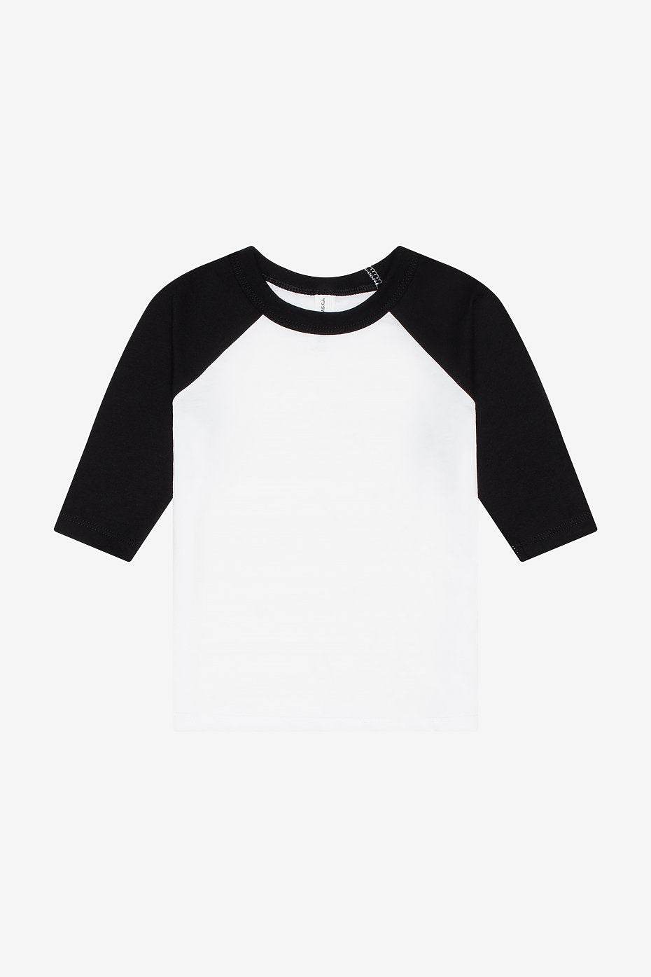Toddler 3/4 sleeve baseball tee with black raglan sleeves and white body by Bella+Canvas