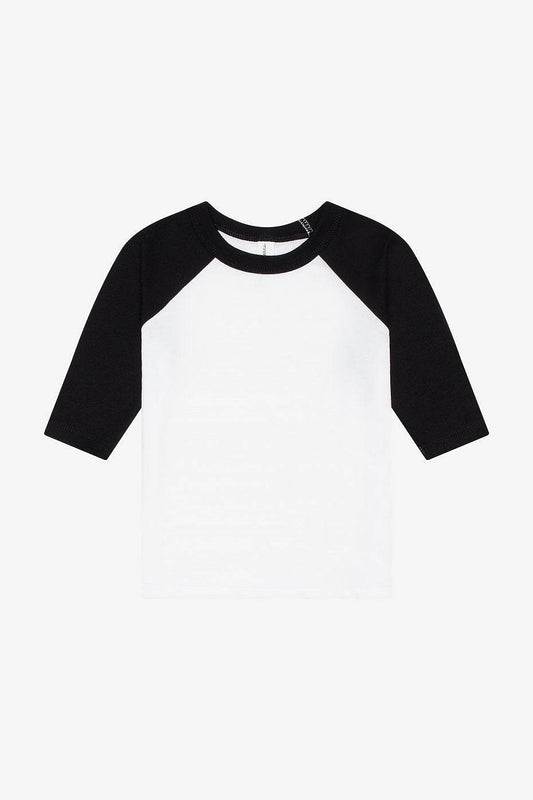 Toddler 3/4 sleeve baseball tee with black raglan sleeves and white body by Bella+Canvas