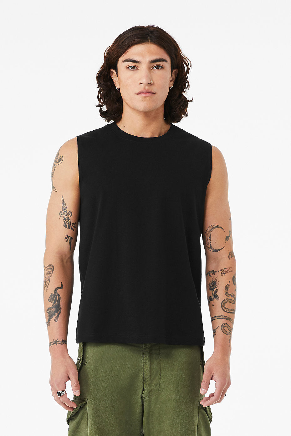 Unisex jersey muscle tank black sleeveless cotton shirt with wide armholes and crew neck