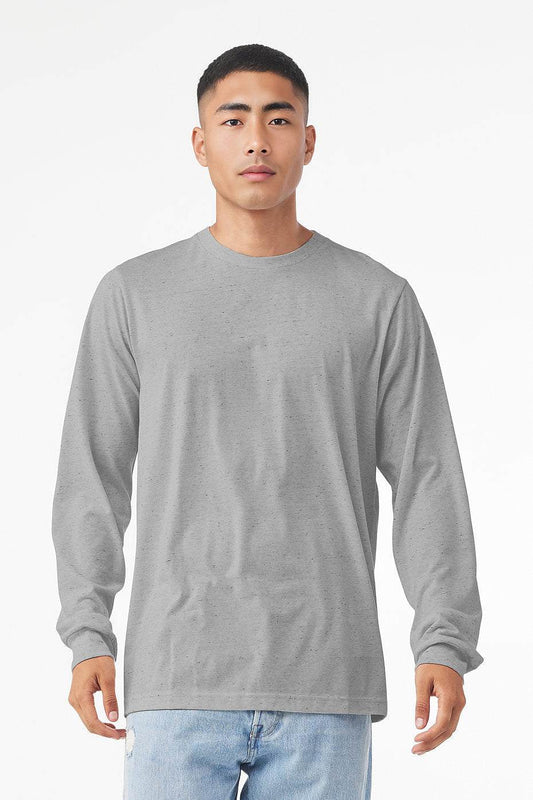 Unisex heather CVC long sleeve tee by Bella+Canvas in gray with crew neck and ribbed cuffs