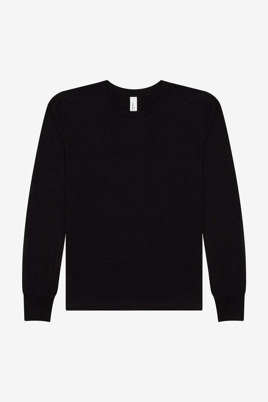 Black youth jersey long sleeve tee with ribbed cuffs and crew neck by Bella+Canvas