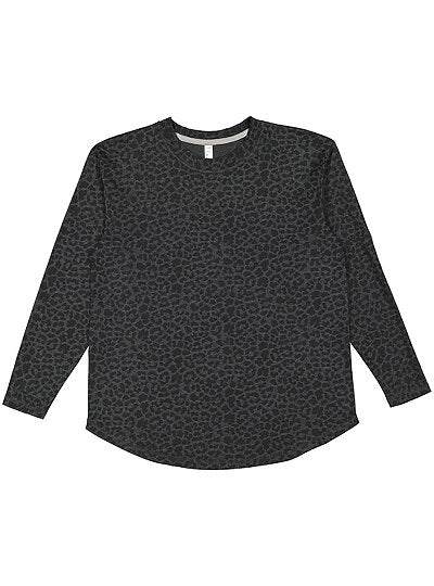 Women's Relaxed Long Sleeve LAT 3508 black patterned fine jersey shirt with curved hem and rib crewneck collar