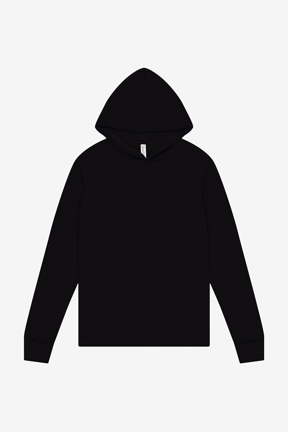 Black unisex jersey long sleeve hoodie with hood and crossover V neckline, Bella+Canvas 3512