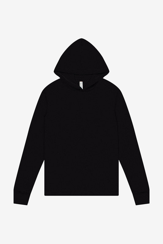 Black unisex jersey long sleeve hoodie with hood and crossover V neckline, Bella+Canvas 3512