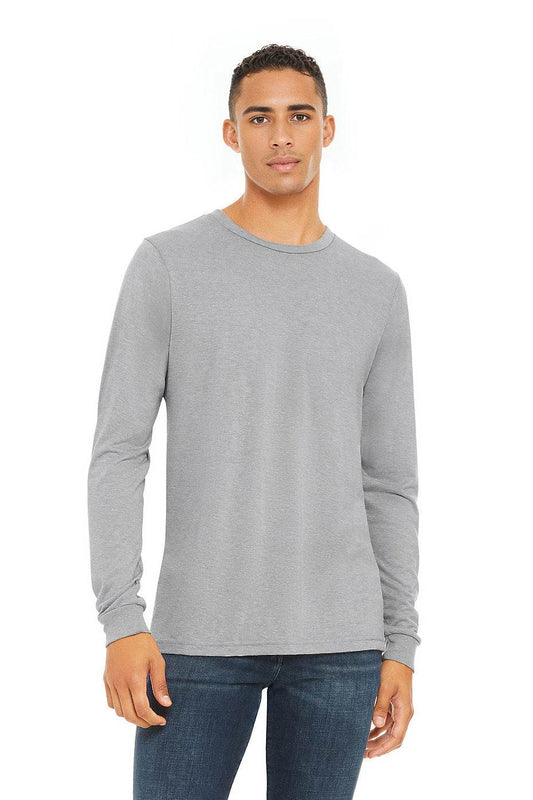 Unisex Triblend Long Sleeve Tee Bella+Canvas 3513 in gray worn by male model