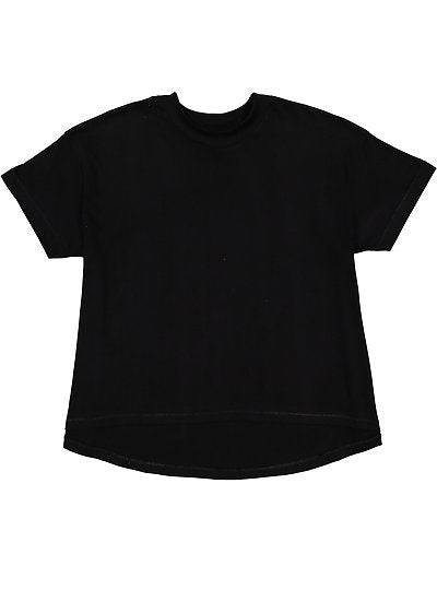Black women's hi-lo tee with relaxed fit and ribbed collar, made of combed ringspun cotton jersey