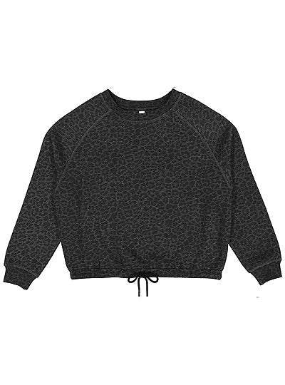 Women's boxy fleece sweatshirt with relaxed fit, raglan sleeves, drawstring waist, and cozy 3-end fabric