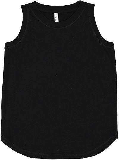Women's relaxed tank top in black with wider straps, curved hem, and ribbed trim for casual comfort