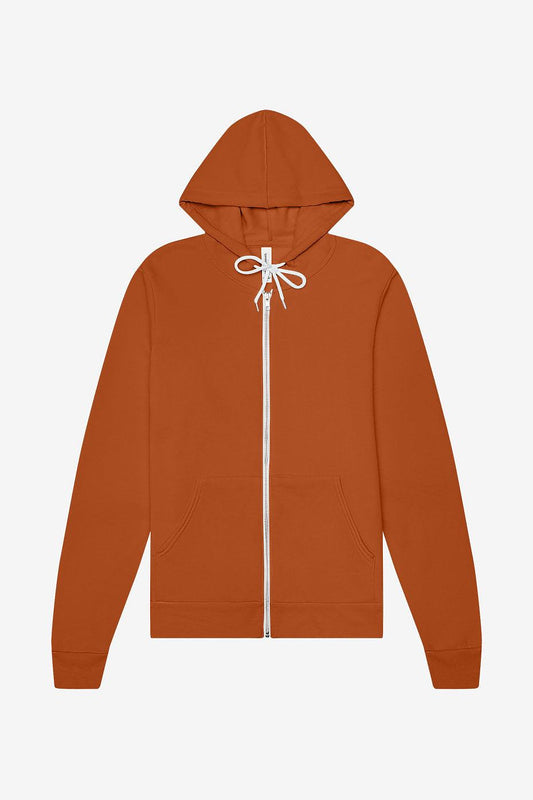 Unisex sponge fleece full-zip hoodie with hood, white drawstrings, ribbed cuffs, and kangaroo pockets in rust color