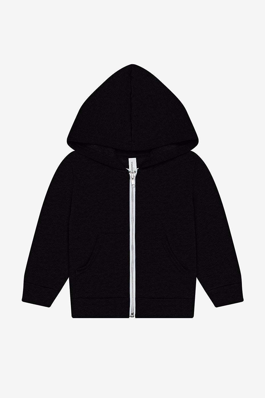 Black toddler sponge fleece full zip hoodie with kangaroo pockets and ribbed cuffs