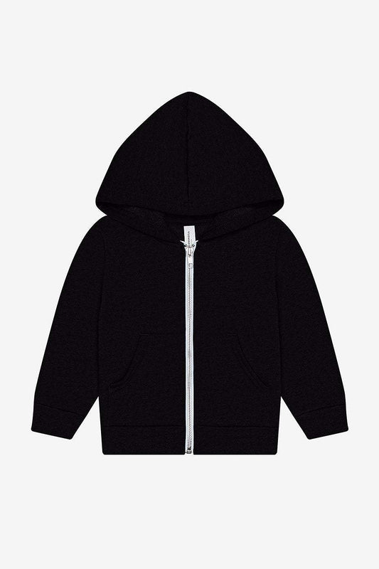 Black toddler sponge fleece full zip hoodie with kangaroo pockets and ribbed cuffs