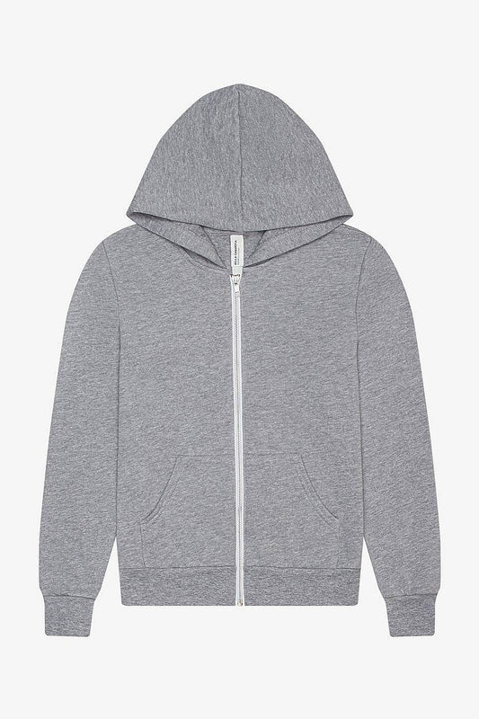 Youth fleece sponge full-zip hoodie in heather gray with kangaroo pockets and ribbed cuffs