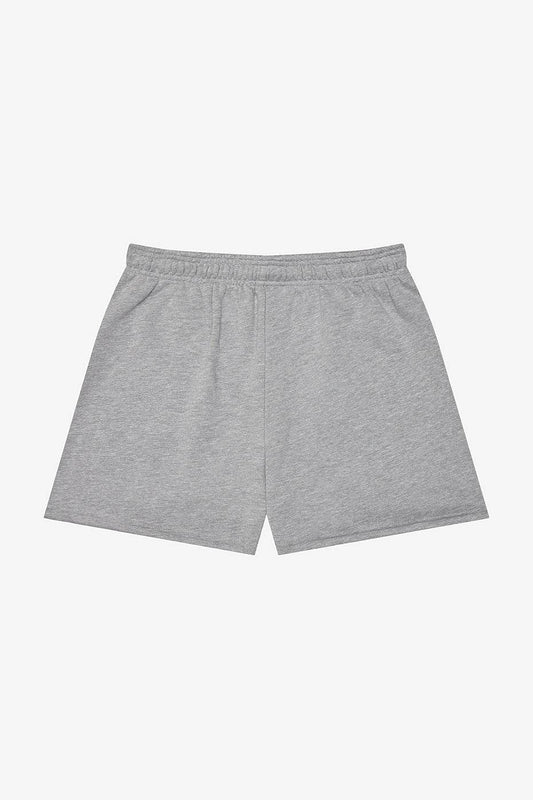 Women's Cutoff Sweatshort in gray sponge fleece with raw edge hem and relaxed fit