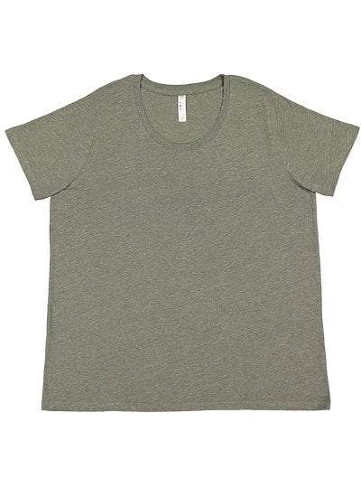 Women's Curvy Fine Jersey Tee LAT 3816 in olive green with ribbed collar and short sleeves, made from 60% combed ringspun cotton and 40% polyester fine jersey fabric.