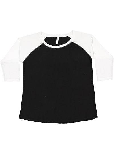 Black and white Women's Curvy Baseball Tee with raglan sleeves and shirttail hem