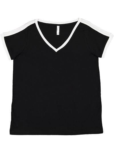 Women's Curvy Retro Ringer Tee black with white contrast ribbed collar and sleeves, V-neck, short sleeve full-figured fit