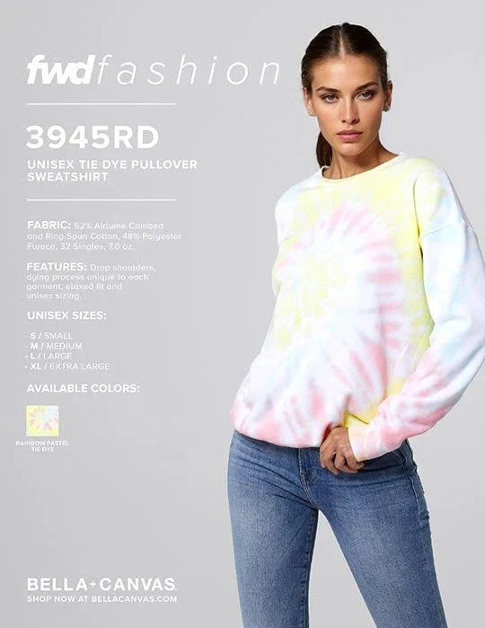 Unisex tie dye pullover sweatshirt by Bella+Canvas in pastel colors with relaxed fit and drop shoulders