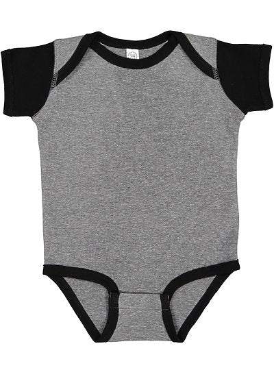 Gray Baby Rib Bobysuit with black trim, short sleeves, and lap shoulder design for easy dressing.
