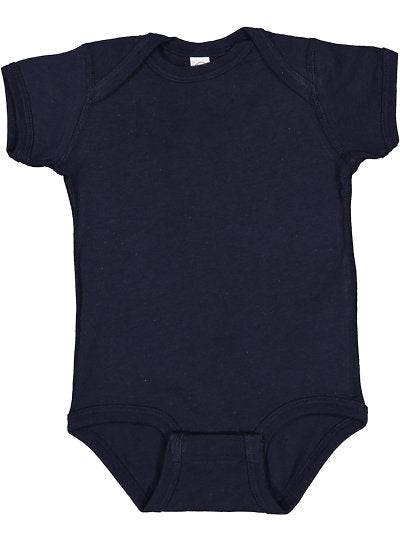 Navy infant baby rib bobysuit with lap shoulders and three snap closure