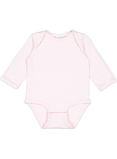 Infant long sleeve pink jersey bodysuit with snap tape closure and ribbed cuffs