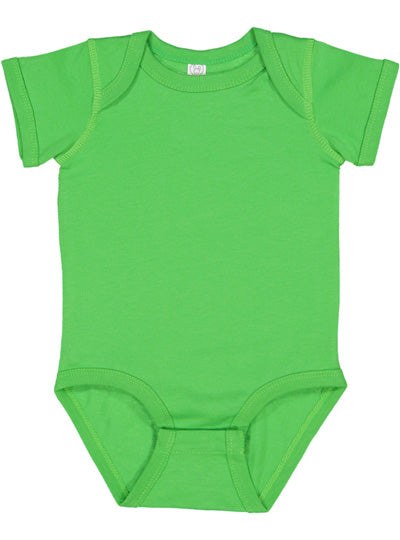 Infant fine jersey bodysuit in bright green with lap shoulders and three snap closure