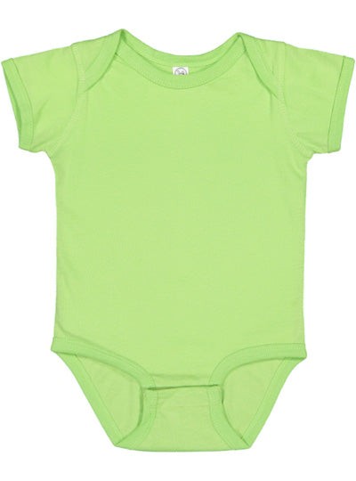 Infant fine jersey bodysuit in light green with lap shoulders and three snap closure for easy dressing