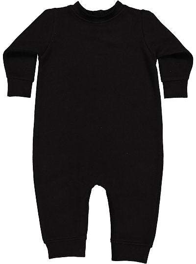 Black Infant Fleece One Piece by Rabbit Skins with ribbed cuffs and snap tape closure for infants