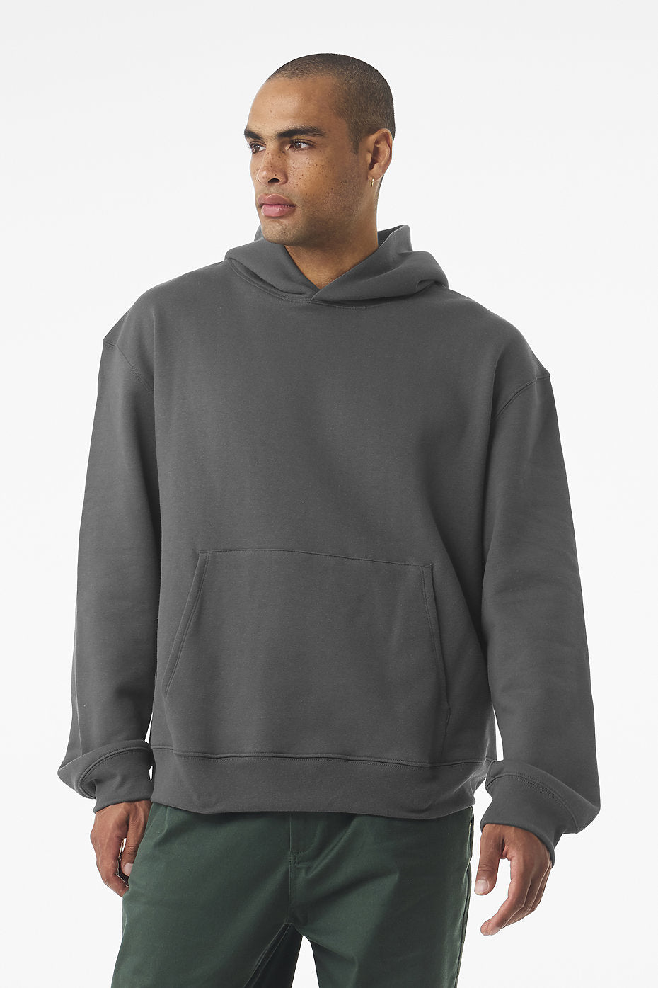 Unisex heavyweight pullover hoodie in dark gray with relaxed fit and single front pocket