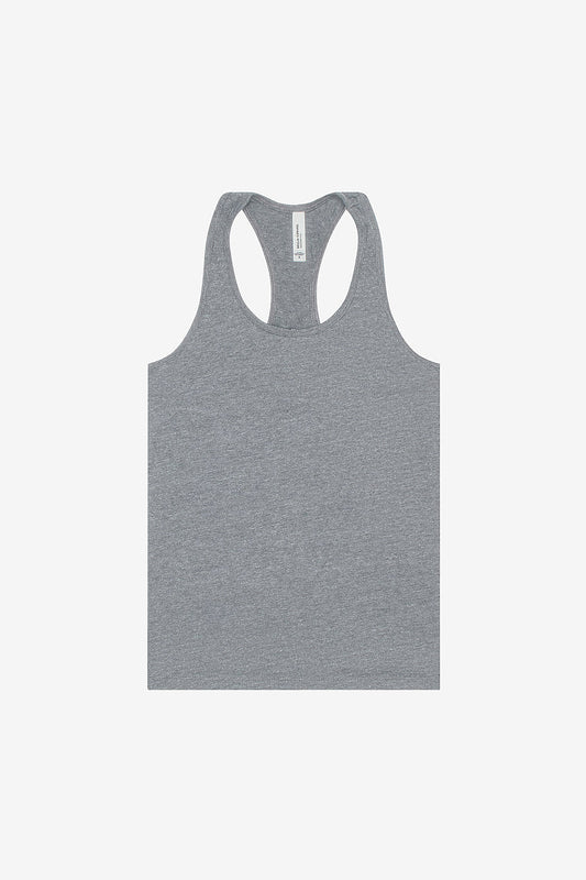 Women's grey jersey racerback tank top made from Airlume combed cotton with relaxed fit and tear-away label